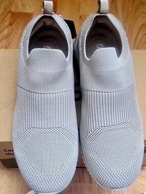 STQ Hands Free Slip-In Walking Shoes Sneakers Taupe Knit Comfort Cushion